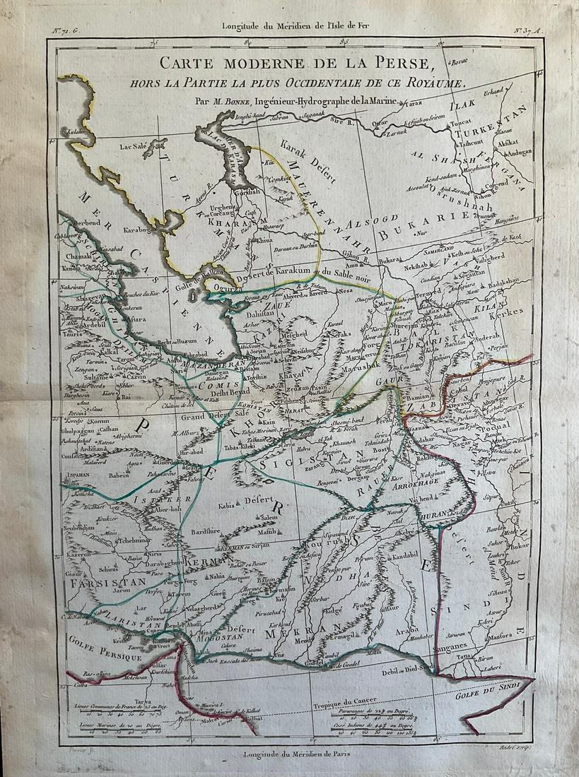 Eastern Persia into Central Asia. 1790 by Bonne: Title: Eastern Persia into Central Asia. 1790 by Bonne Date/Period: 1790 Materials: Copper plate engraved Size: 14 3/4” x 10 3/4” 1780-1790, published 1790 in "Atlas Portatif general pour 