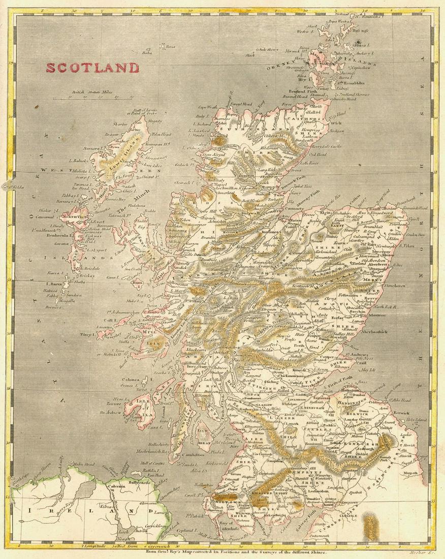 Scotland: Publication Date: 1805 Title: Scotland Cartographer: HOOKER, SC. Height: 9.9 Width: 7.9 "From Genl. Roy's Map correct..." School atlas map. Later color. Reserve: $50.00 Shipping: Domestic: Flat-ra