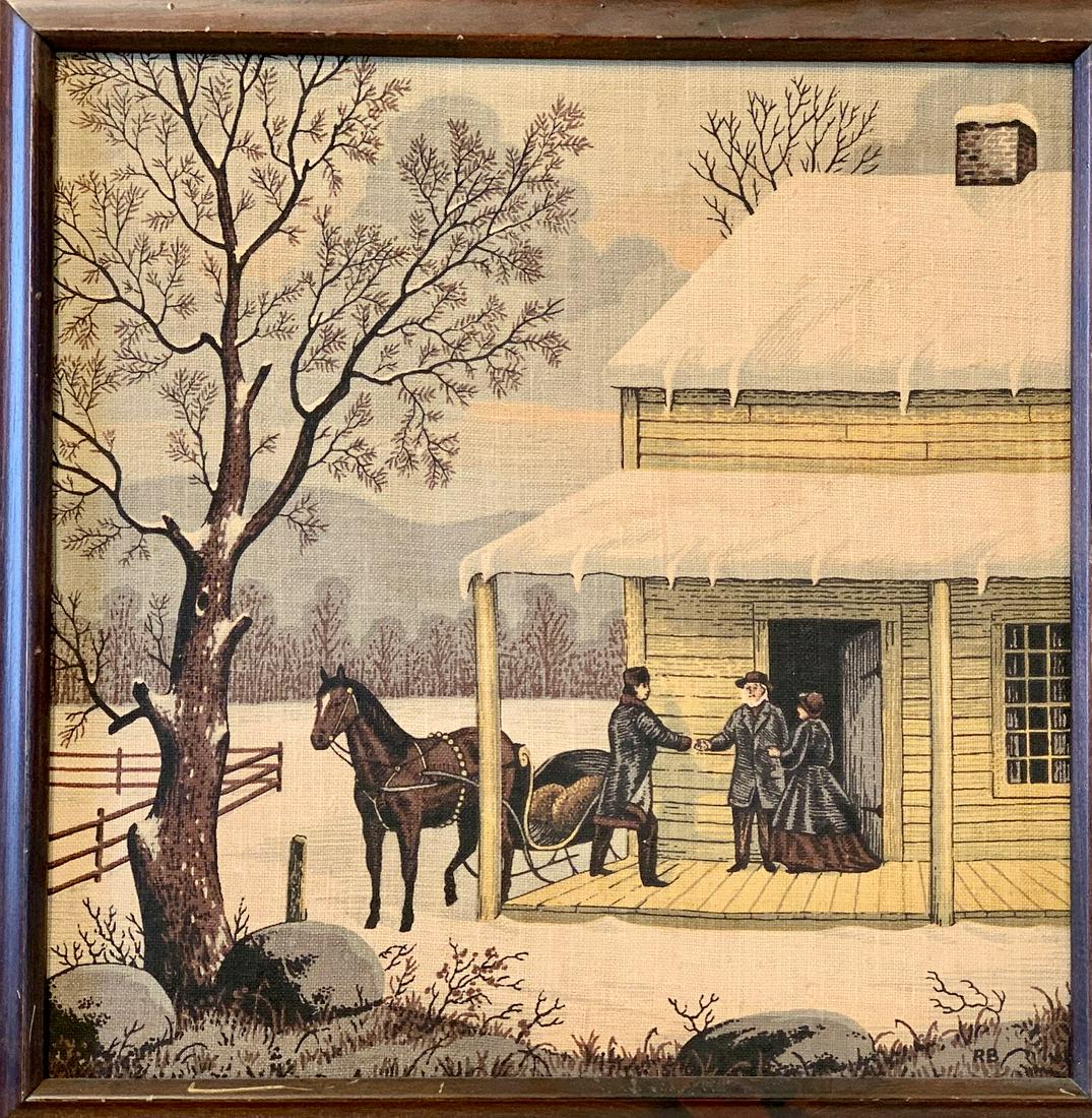 Pastoral Winter Scene, c 1940: Title: Pastoral Winter Scene, c 1940 Dimension: 18 in x 18 in Date/Period: c 1940 Additional Info:Horse-drawn Sled. Three figures at a Doorway in a Snow covered House. Signed R.B. Shipping: Domestic: 
