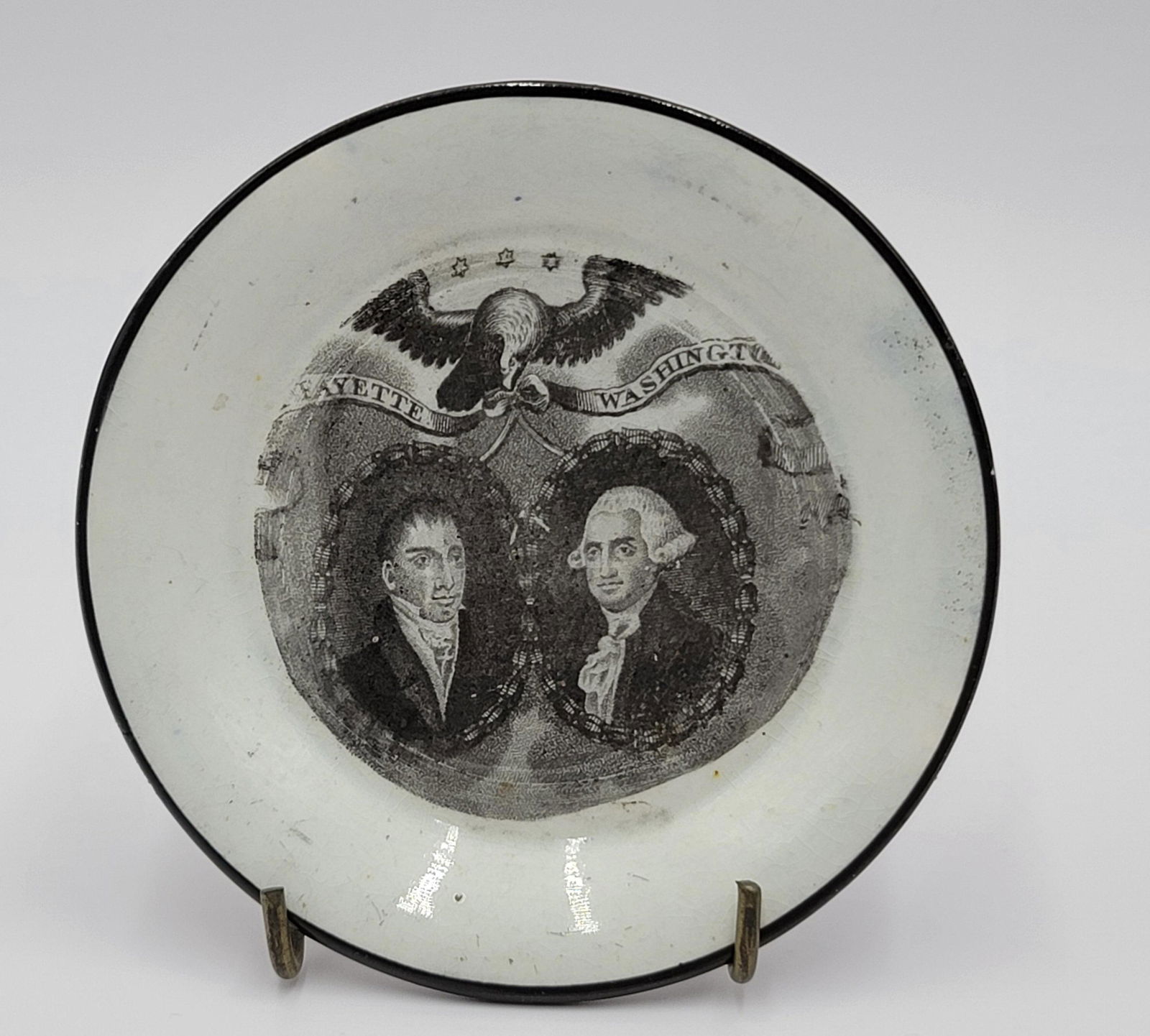 Historical Staffordshire Washington & Lafayette Cup Plate Black Transfer (1 of 3)