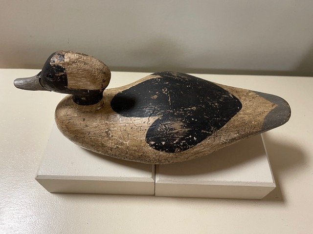 SMALL WOOD BLACK AND WHITE DUCK DECOY (1 of 2)