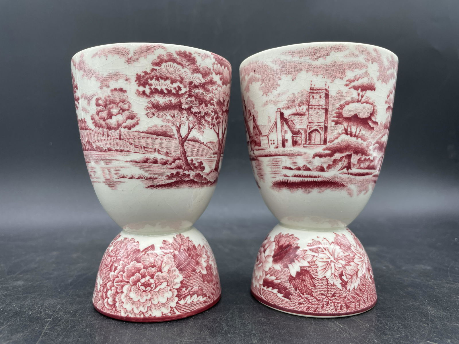 Pair of Vintage Red Transferware Double Egg Cups: Title: Pair of Vintage Red Transferware Double Egg Cups Date/Period: unknown Dimension: 4" tall Material: ceramic Additional Information: Pair of Vintage Red Transferware Double Egg Cups Shipping: Dom
