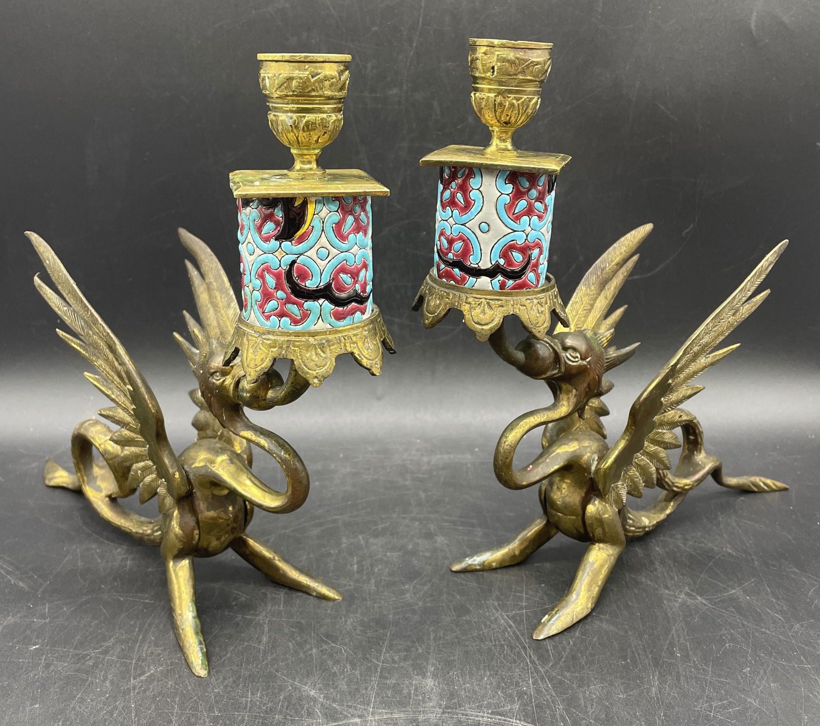 PAIR ANTIQUE SOLID BRASS WINGED DRAGON GRIFFIN/GRYPHON CANDLESTICK/CANDLE HOLDER (1 of 8)