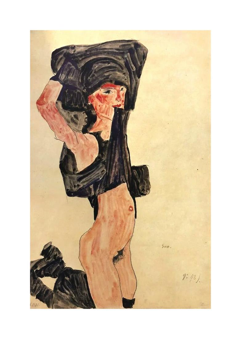 1981 Egon Schiele 6 (after) Erotic Drawings Half Nude kneeling Girl: Artist: Egon Schiele Country: Austria Title: Half nude kneeling girl Medium: Offset – 11 Paper: Heavy paper 16 x 12 inch Published: by Edizioni Gabriele Mazzotta Provenance: Egon Schiele Erotic