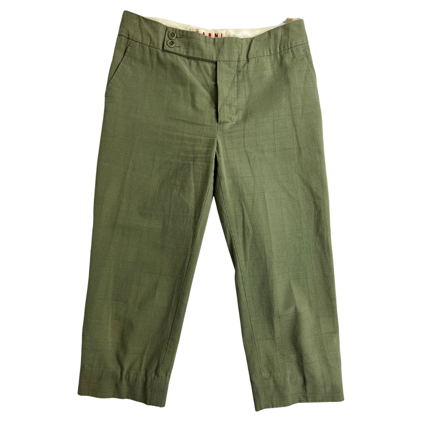 Marni Green Capri Pants, Size 40: Title: Marni Green Capri Pants, Size 40 Description: Marni Green Capri Pants, Size 40 - Mid raise - Side pockets - Front button and zip closure - Below the knees length - Checkered pattern - 100% Cott