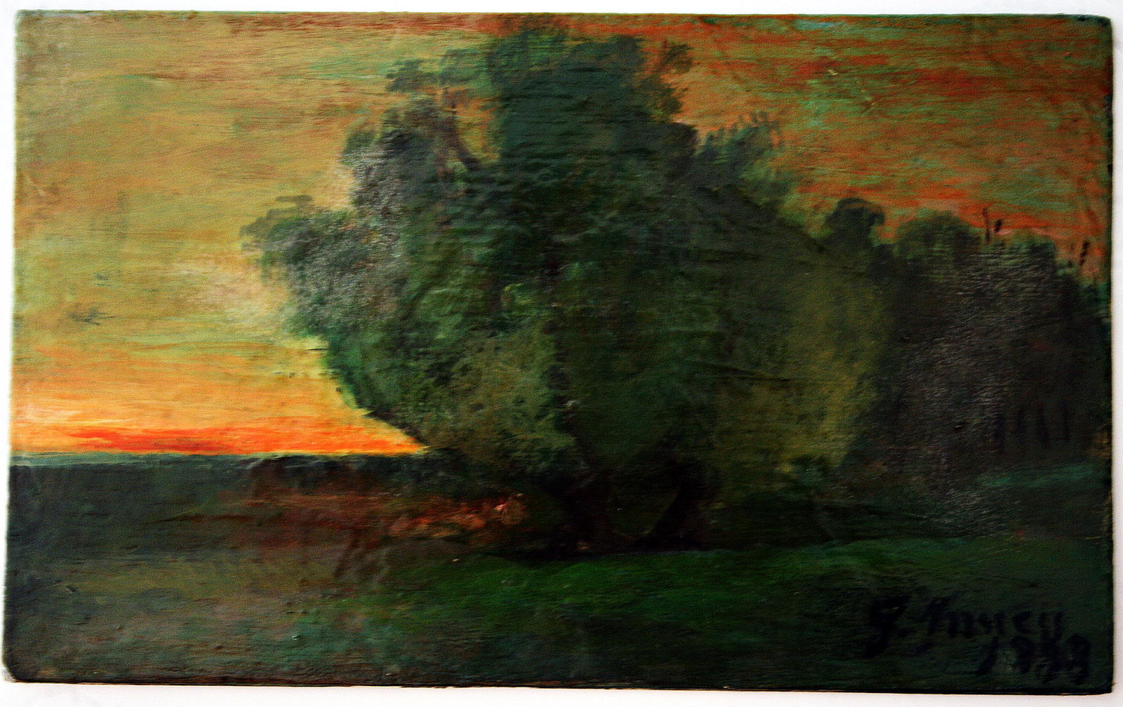 GEORGE INNESS (NY/MA/SCOTLAND, 1825-1894): Landscape, oil on board, signed , with old label, depicting a tree at sunset. Good condition.Inness was born in New York City and grew up on a farm in Newark, New Jersey. His minimal art training cons