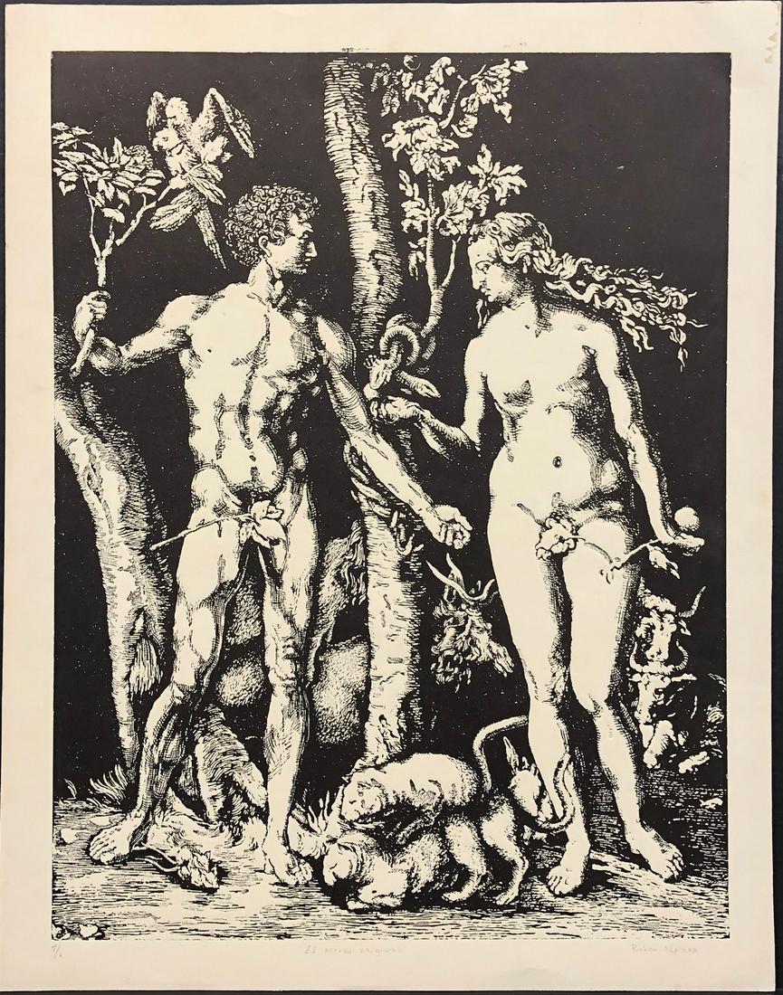 Ruben Alpizar, Cuban, woodcut, N/A: Artist: Ruben Alpizar (Cuba, 1965) Title: El pecado original Date: N/A Medium: woodcut Dimensions: 28.8 x 22.5 in. (73 x 57 cm.) Reserve: $250.00 Shipping: Domestic: Flat-rate of $45.00 to anywhere wi