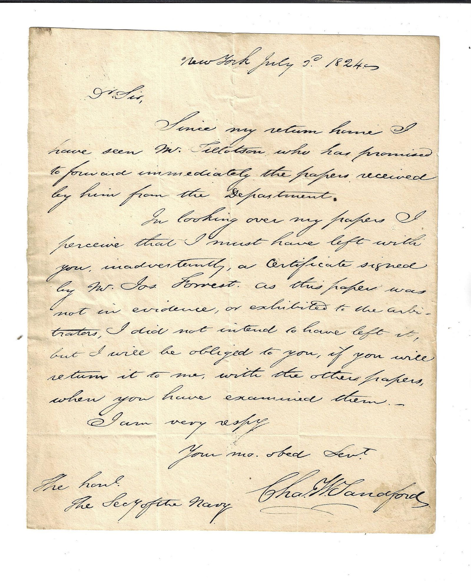 1824 ALS to Secretary of Navy Free Post (1 of 2)
