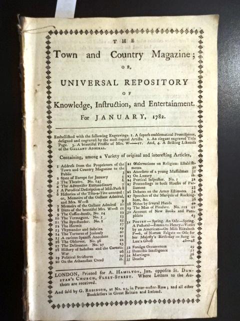 1782 Magazine Revolutionary War: The January 1782 issue of "The Town and Country Magazine or Universal Repository", printed at London 56 pages and one engraving of portraits of notables. Content includes estimates of the British mili