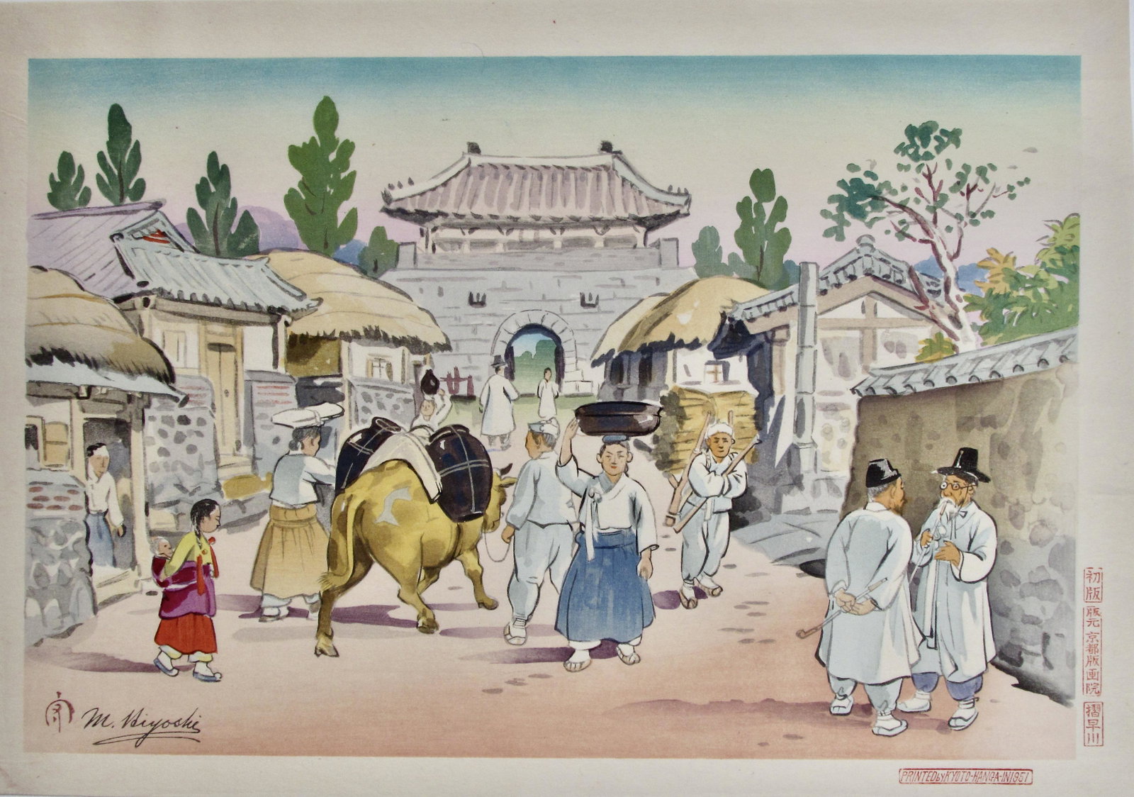 Hiyashi Mamoru: Korean Village: Artist: Hiyoshi MAMOURU Subject: Korean Village Publisher: Kyoto Hanga-In Signature: M. Hiyoshi with artist's seal Date: 1951 Format: ôban, 39 x 27.5 cm Condition: Fine impression, color and cond