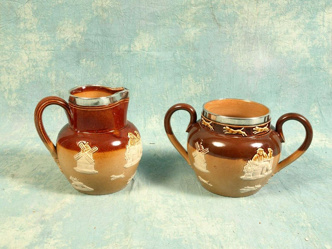 DOULTON LAMBETH Creamer Sugar Salt Glazed Stoneware Applied Hunt Scenes ANTIQUE (1 of 11)