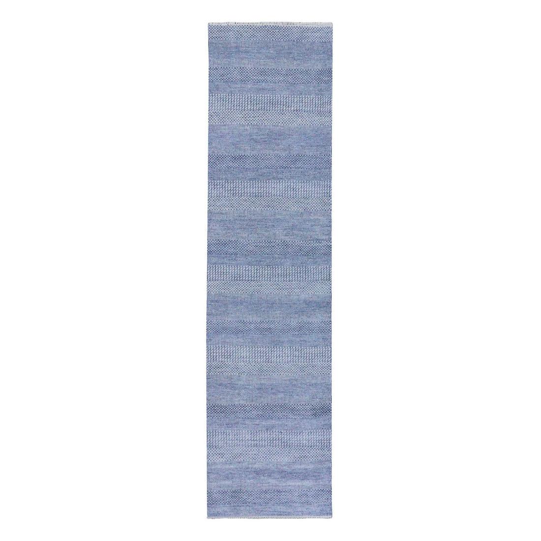 Blue, Wool and Silk Hand Knotted Modern Grass Design Gabbeh Runner Rug (1 of 7)