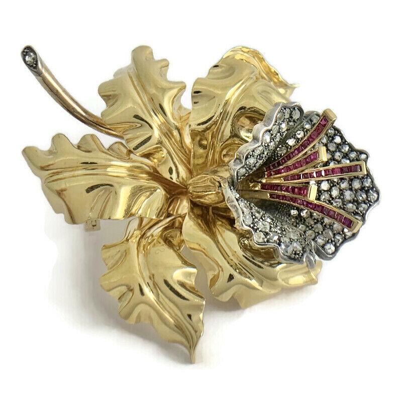 Antique Art Nouveau Diamond Ruby Flower Brooch Pin 18K Yellow Gold, 38.16 Gr (1 of 10)