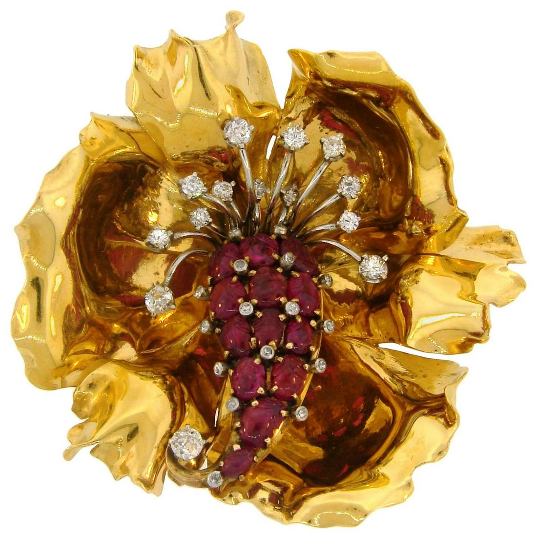 French Ruby Diamond Yellow Gold Flower Brooch Pin Clip, 1950s (1 of 6)