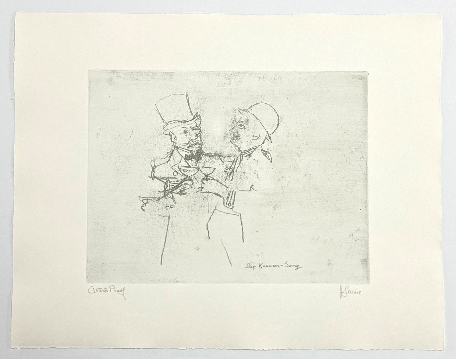 Jack Levine signed original etching "Der Kanonen Song": Medium: original soft ground etching, signed in pencil and annotated "Artist's Proof". This etching was executed in 1967 for the "Dreigroschen Film" series, for the limited edition portfolio published