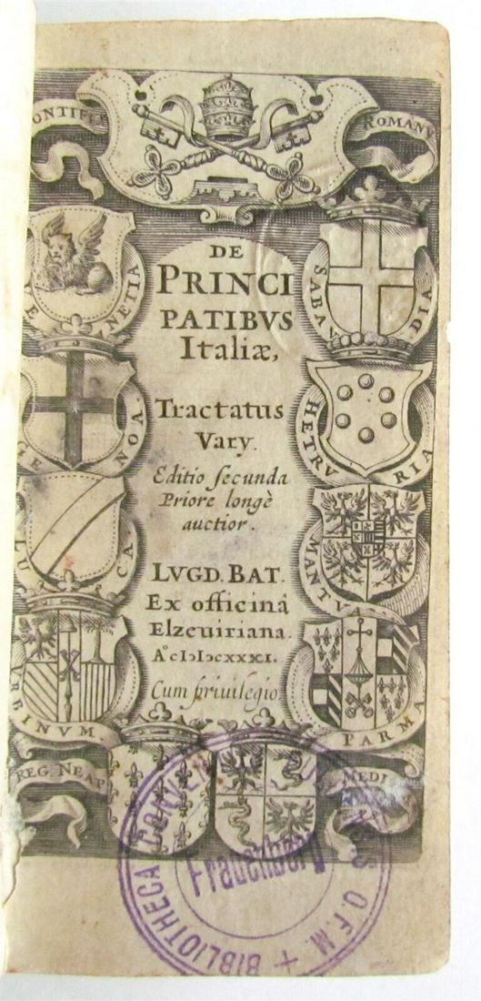 1631 ELZEVIR ITALIAN HISTORY antique DE PRINCIPATIBUS ITALIAE: DE PRINCIPATIBUS ITALIAE Tractatus vary by Segethus,T. u. J. Laet. (principalities of Italy) Lugduni Batavorum, Elzevier, 1631 Size 2.5 by 4.5" Cardboard covers, vellum spine with manuscript title Tit
