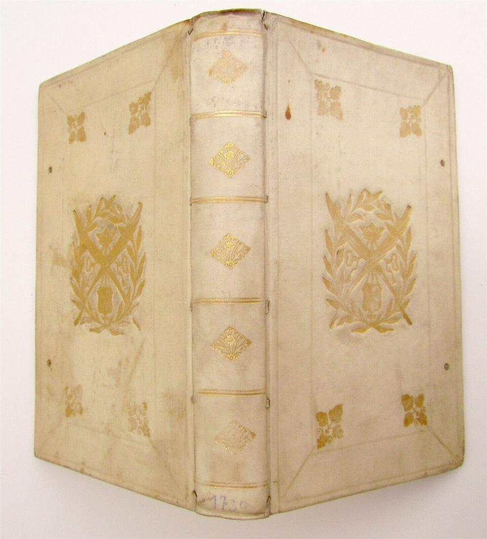 1720 Book of Prodigies by J. Obsequens ARMORIAL VELLUM BINDING antique: Obsequens, J. Quae supersunt ex libro de Prodigiis. Ed. J. Scheffer, C. Lycosthenus and F. Oudendorp. Leyden, S. Luchtmans, 1720 (64),215,(57)p. Woodcut printer's mark, original vellum with gilt coat 