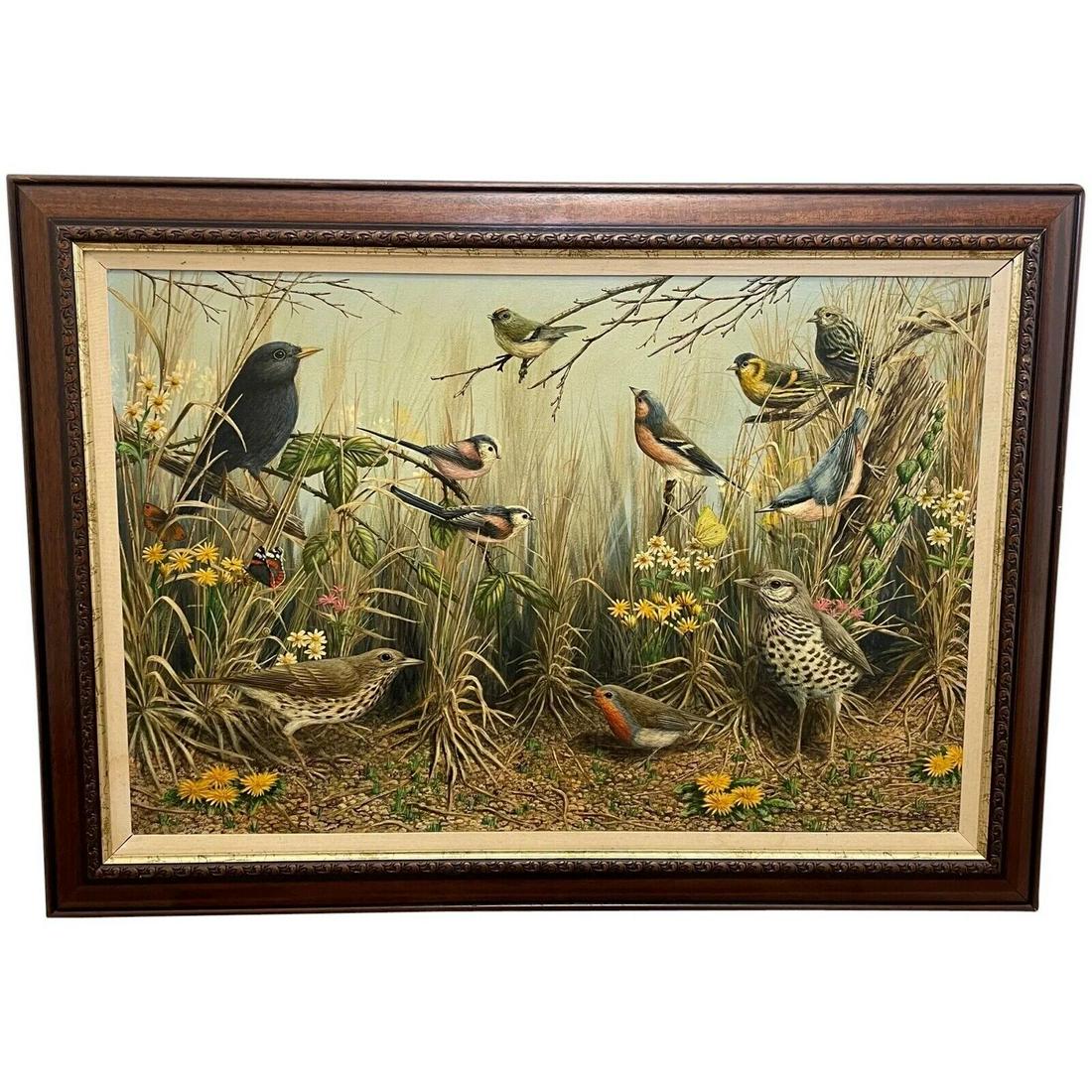 Large British Work Of Art Watercolour Flock Of Summer Song Birds Gathered (1 of 20)