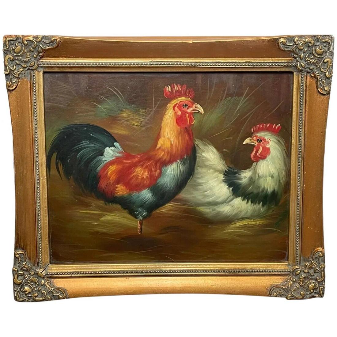 English Oil Painting Study Of Poultry Cockerel & Hen Birds After Edgar Hunt: English Oil Painting Study Of Poultry Cockerel & Hen Birds After Edgar Hunt 1 Small Fine English Oil Painting Study Of Poultry Cockerel & Hen Birds After Edgar Hunt. Unsigned. In the style of similar