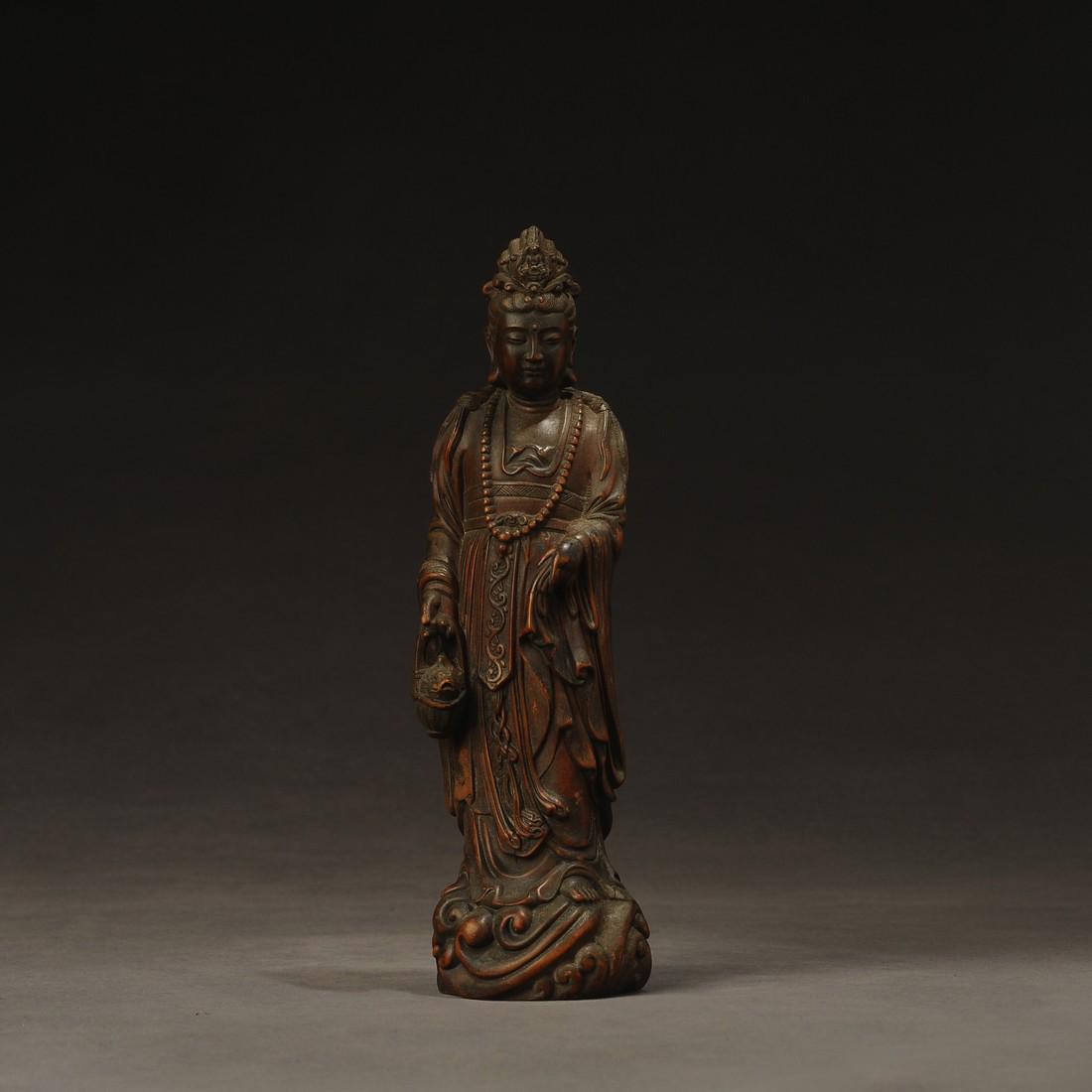 Chinese Antique Hardwood Figure Carving - Avalokitesvara Sculpture: Title: Chinese Antique Hardwood Figure Carving - Avalokitesvara Sculpture Origin: Asian private collection Date/Period: 20th Description: Size: about 21x5x6cm, boxwood Buddha statue sculpture, hand-ca