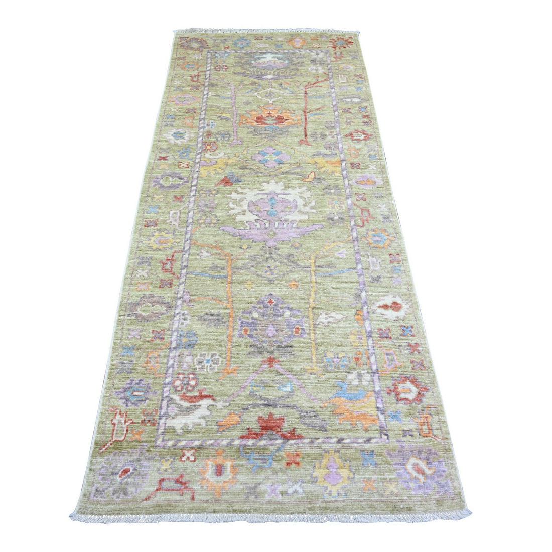 Olive Green Hand Knotted Afghan Angora Oushak Pure Wool Runner Rug (1 of 6)