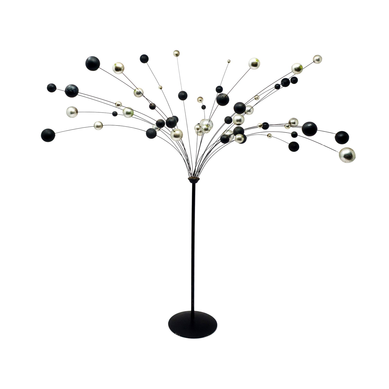 1960s Danish Modern Silver and Black Kinetic Ball Sculpture: A vintage kinetic ball sculpture in the style of Laurids Lonborg, a Danish housewares and decorative objects powerhouse. Black metal base and stem, silver metal wires, and silver and black colored bal