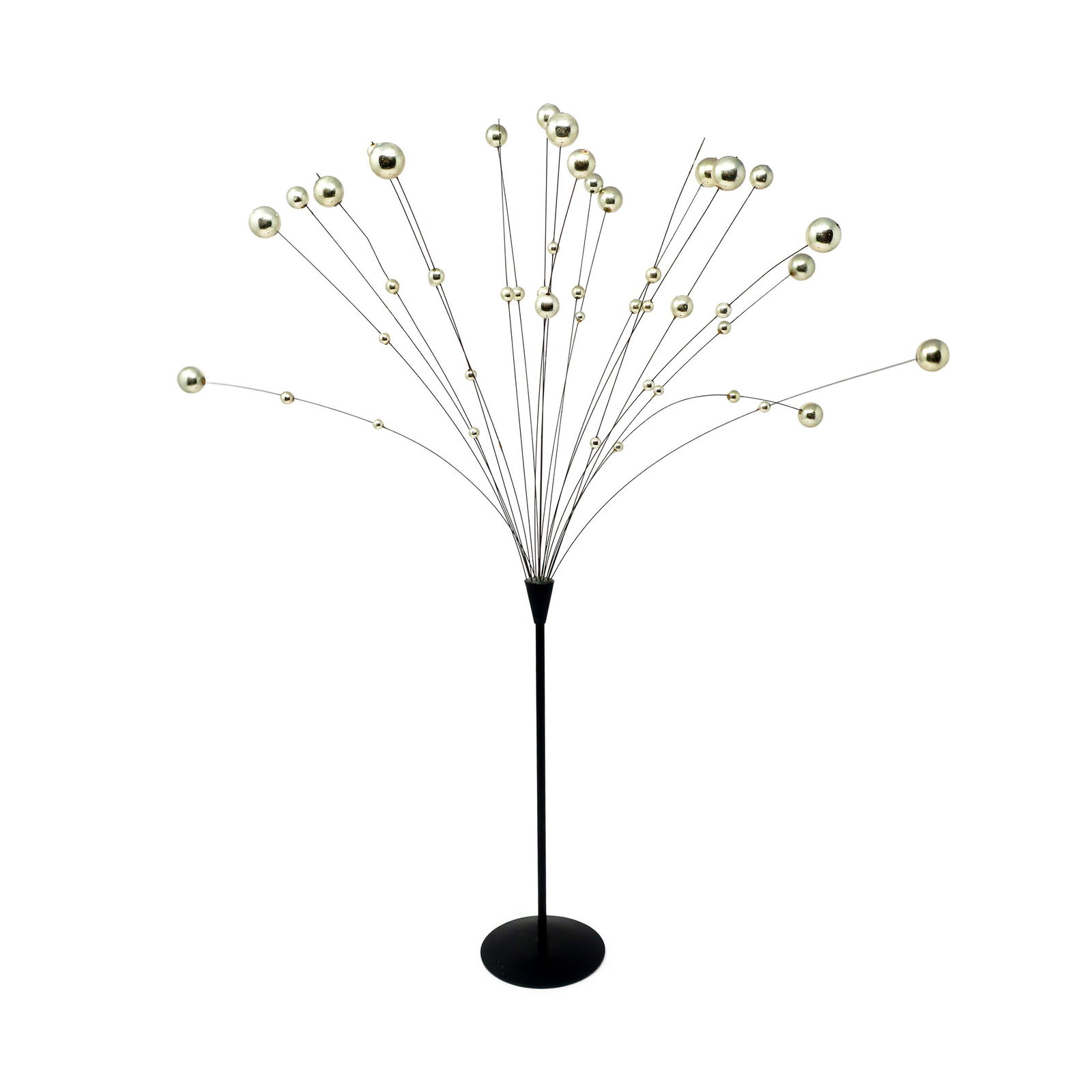 1960s Danish Modern Silver Kinetic Ball Sculpture by Laurids Lonborg: A vintage kinetic ball sculpture in black and silver by Laurids Lonborg, a Danish housewares and decorative objects powerhouse. Black metal base and stem, silver metal wires, and polished silver color