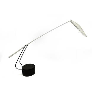 1980's White and Black Dove Lamp by Barbaglia & Colombo for PAF Studio: A lovely black & white post-modern Italian desk lamp by Mario Barbaglia and Marco Colombo for PAF Studio. Named the Dove Lamp for its long adjustable body and head and delicate legs attached to the ro