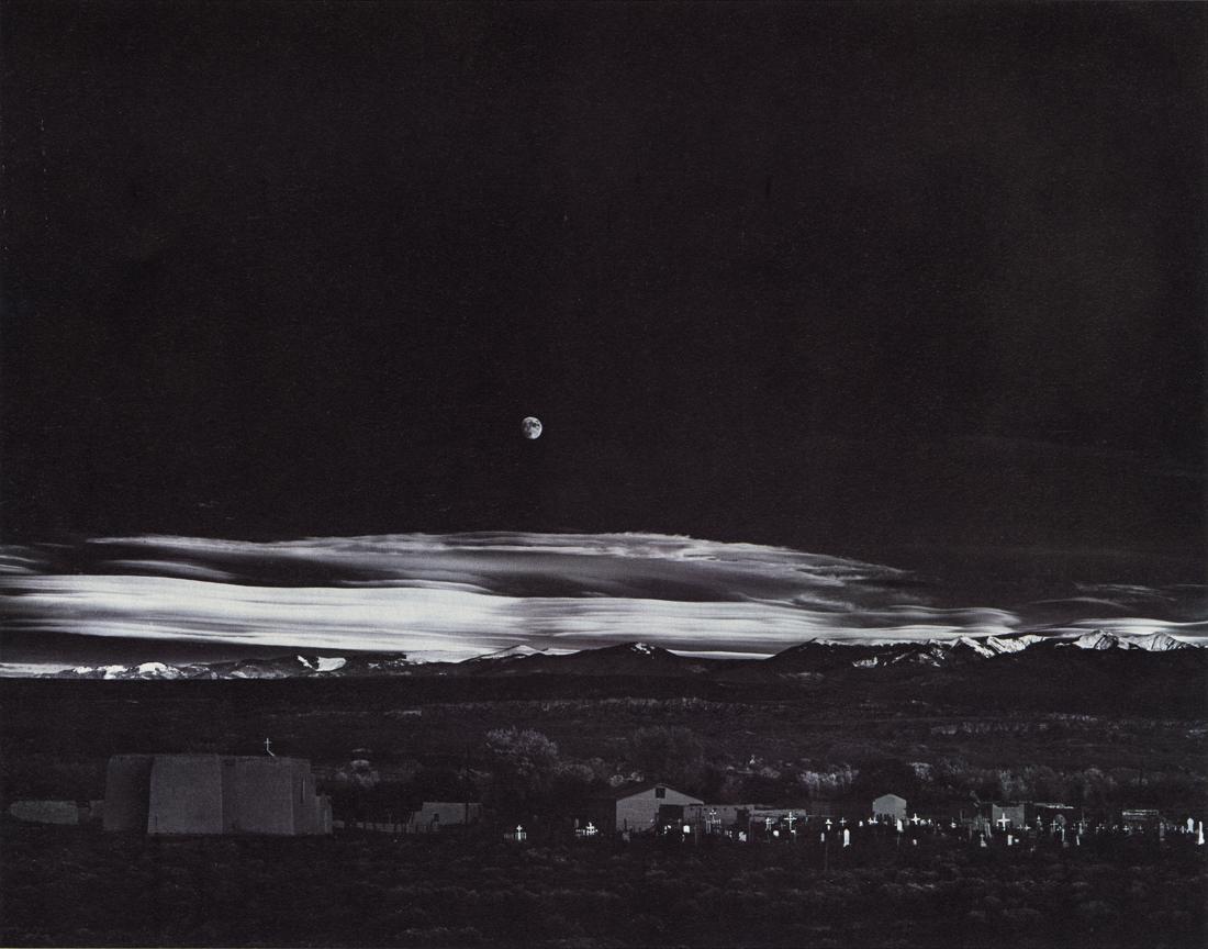 ANSEL ADAMS - Moonrise Hernandez, New Mexico, 1941: Artist: Ansel Adams Title: Moonrise Hernandez, New Mexico, 1941 Medium: Photo Litho, 1982, USA Dimensions: 10.9x8.55" Description: Heat Wax Mounted on 12x16" Conservation Board Artist Bio: Ansel Adams