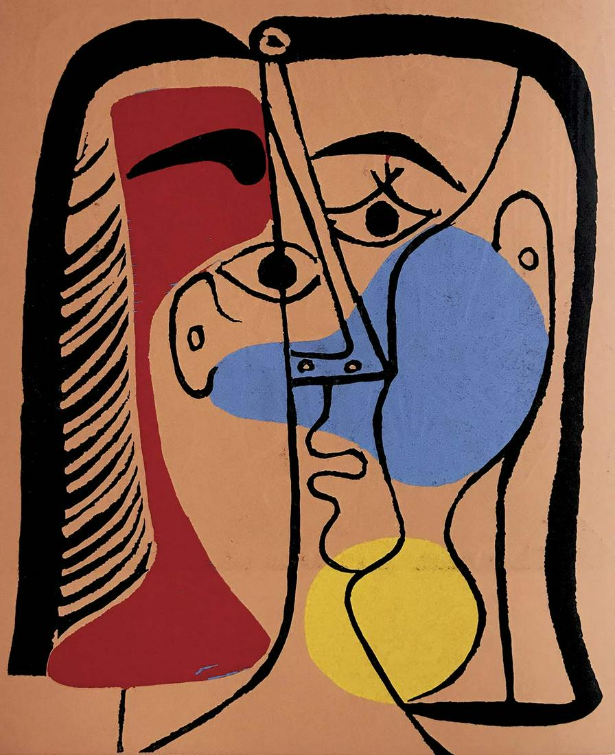 Picasso Linocut Large red blue & yellow Head XXe siecle1978: Artist: Pablo Picasso - Country: Spain - Title: Large red, blue & yellow Head - Medium: Linocut in colors - Paper Size: Vellum 12.25 x 9.50 inch - Marks: Text title below the art - Provenance: Hom