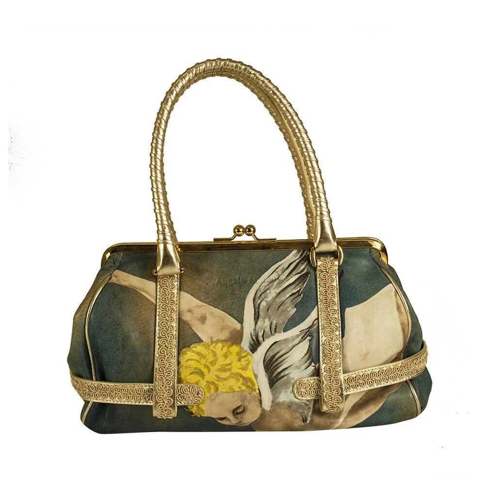 Angelo Marani Angel Blue & Gold Satchel Kiss Lock Double Handles Handbag Purse (1 of 8)