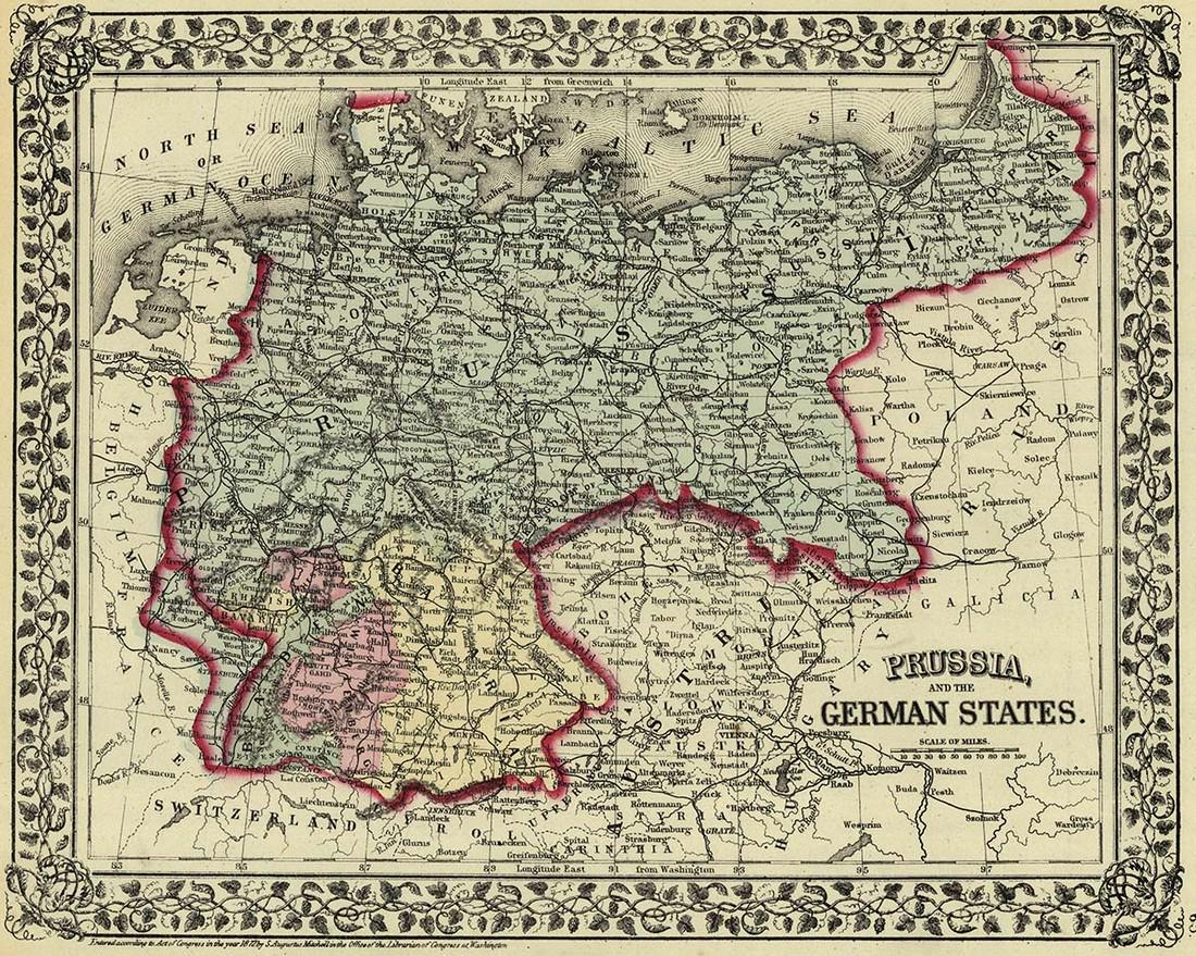 Prussia, and the German States.: Publication Date: 1874 Title: Prussia, and the German States. Cartographer: MITCHELL, SAMUEL AUGUSTUS (JR.) Publisher: S. AUG. MITCHELL JR.. Height: 10.5 Width: 13.25 Wide grapevine border. Reserve: $