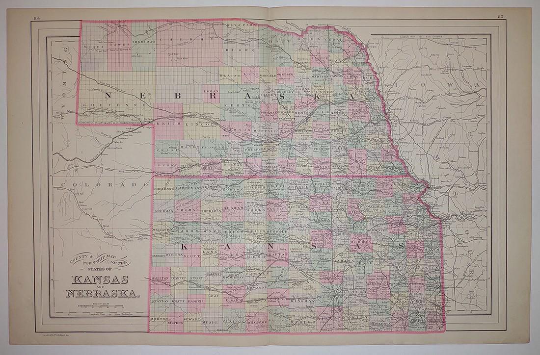 County & Township Map of the States of Kansas and Nebraska: Publication Date: 1887 Title: County & Township Map of the States of Kansas and Nebraska Cartographer: WM. BRADLEY & BRO. Publisher: WM. BRADLEY & BRO. Height: 14.3 Width: 20 Map showing towns, townsh