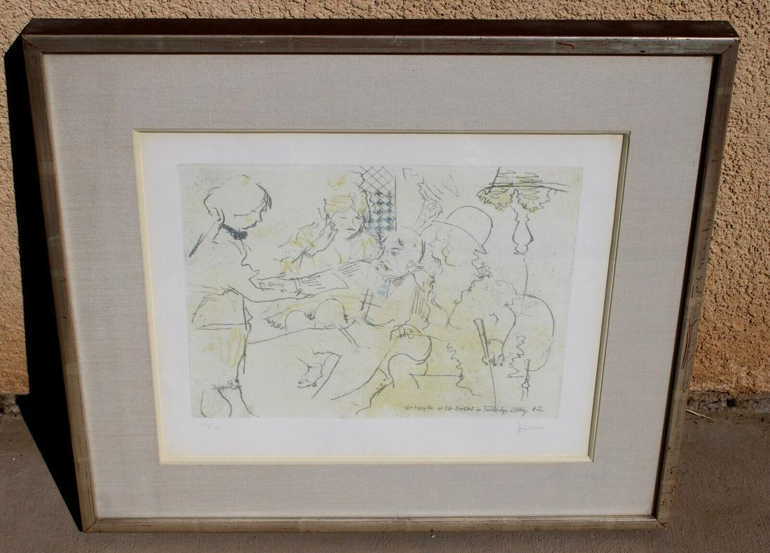 JACK LEVINE Social Realist Etching McHeath at the Brothel in Turnbridge Alley #2: JACK LEVINE (1915-2010). Modernist Social Realist Soft Ground Etching. McHeath at the Brothel in Turnbridge Alley, Circa 1960's, 8-3/4" x 11-1/2" image sight size (framed size: 17-1/4" x 19-1/2") numb