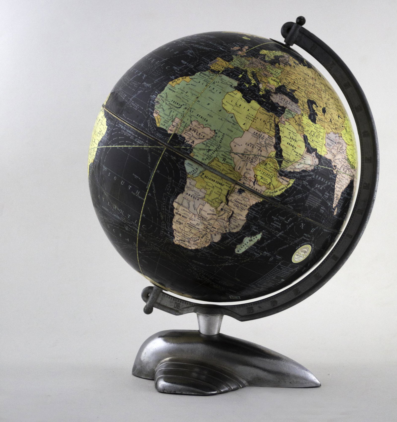 12" 1935 antique table terrestrial globe WEBER COSTELLO PLANE BASE black globe (1 of 6)