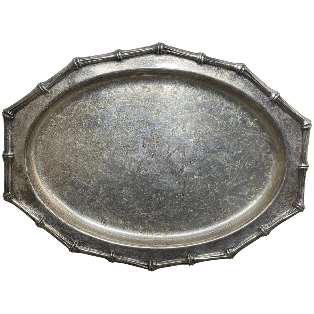 British Antique Edwardian Silver Plate Serving Tray Faux Bamboo Edge: Title: British Antique Edwardian Silver Plate Serving Tray Faux Bamboo Edge Description: British Antique Edwardian Silver Plate Serving Tray Faux Bamboo Edge 1 Fine British Chased Antique Edwardian Si