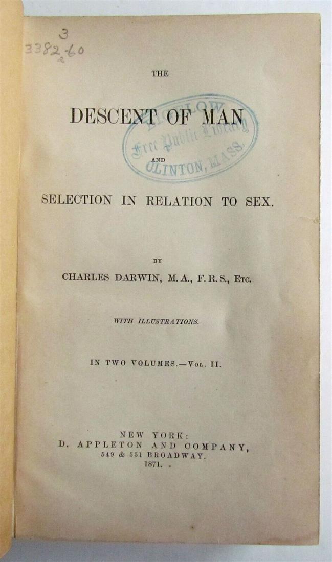 1871 DESCENT OF MAN SELECTION by CHARLES DARWIN antique ILLUSTRATED 1st AM. ED. (1 of 12)
