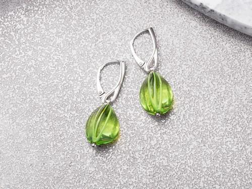Natural Green Amber Earrings, Handmade of Silver 925 lever back closure & Thriangle Olive shape (1 of 5)