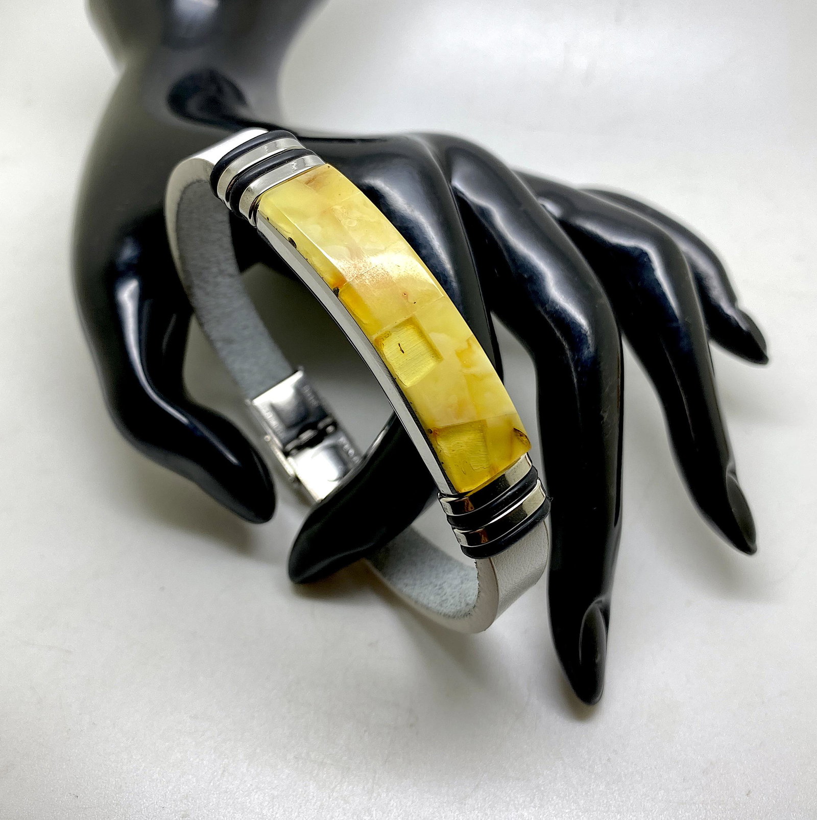 Exquisite Amber Bracelet with natural leather and stainless steel (1 of 8)