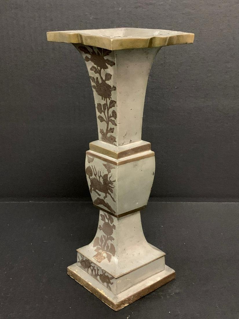 Pewter Gold Inlaid Square Vase: Title: Pewter Gold Inlaid Square VaseDate/Period: Early 21st CenturyDimension: 11" h x 4" wMaterials: PewterAdditional Information: Chinese Art Pewter Gold Gilt Inlaid Square Vase