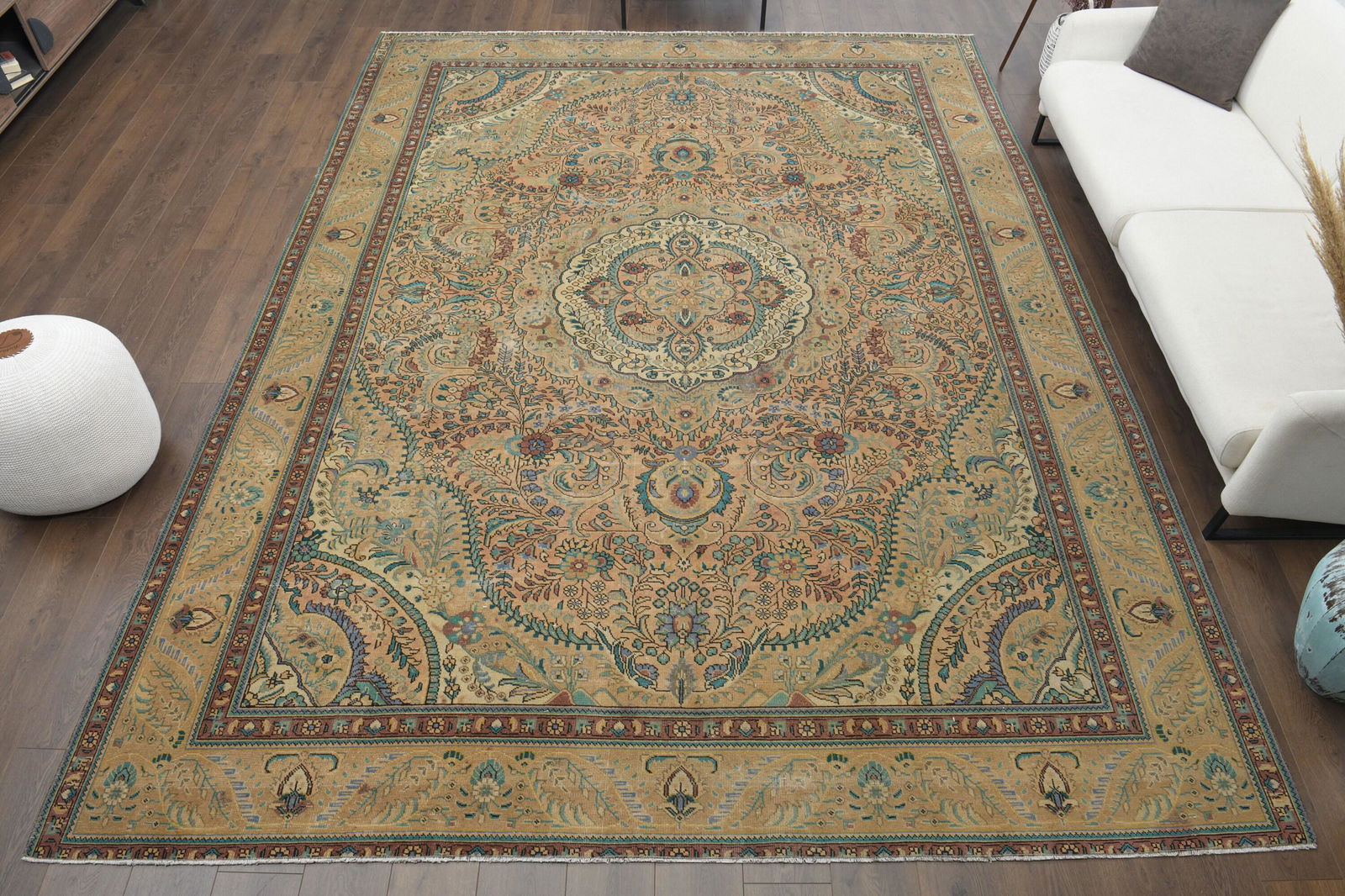 Original Oushak Turkish Antique Handwoven Rug: Title: Original Oushak Turkish Antique Handwoven Rug Origin: Turkey Date/Period: 1960 - 1970 Dimension: Width: 9.4 feet Length: 12.4 feet Materials: Wool and Cotton Description: This Turkish one-of-a-