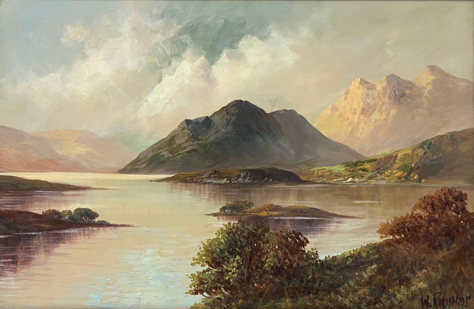 Francis E. Jamieson: Loch Lomond Large Antique Scottish Framed Highlands Oil Painting: Loch Lomond by F. E. Jamieson (British 1895-1950) signed lower corner inscribed verso oil painting on canvas, framed canvas: 16 x 24 inches frame: 20 x 28.5 inches Fine quality antique oil painting by
