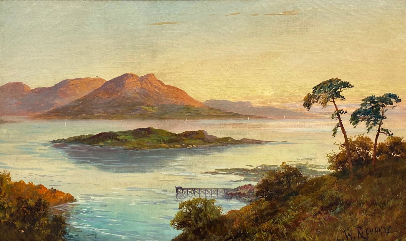 Francis E. Jamieson: Antique Scottish Highlands Oil Painting Sunset over Loch Lomond, Luss: Loch Lomond by F. E. Jamieson (British 1895-1950) signed lower corner inscribed verso oil painting on canvas, framed canvas: 12 x 20 inches frame: 15.5 x 23.5 inches Fine quality antique oil painting