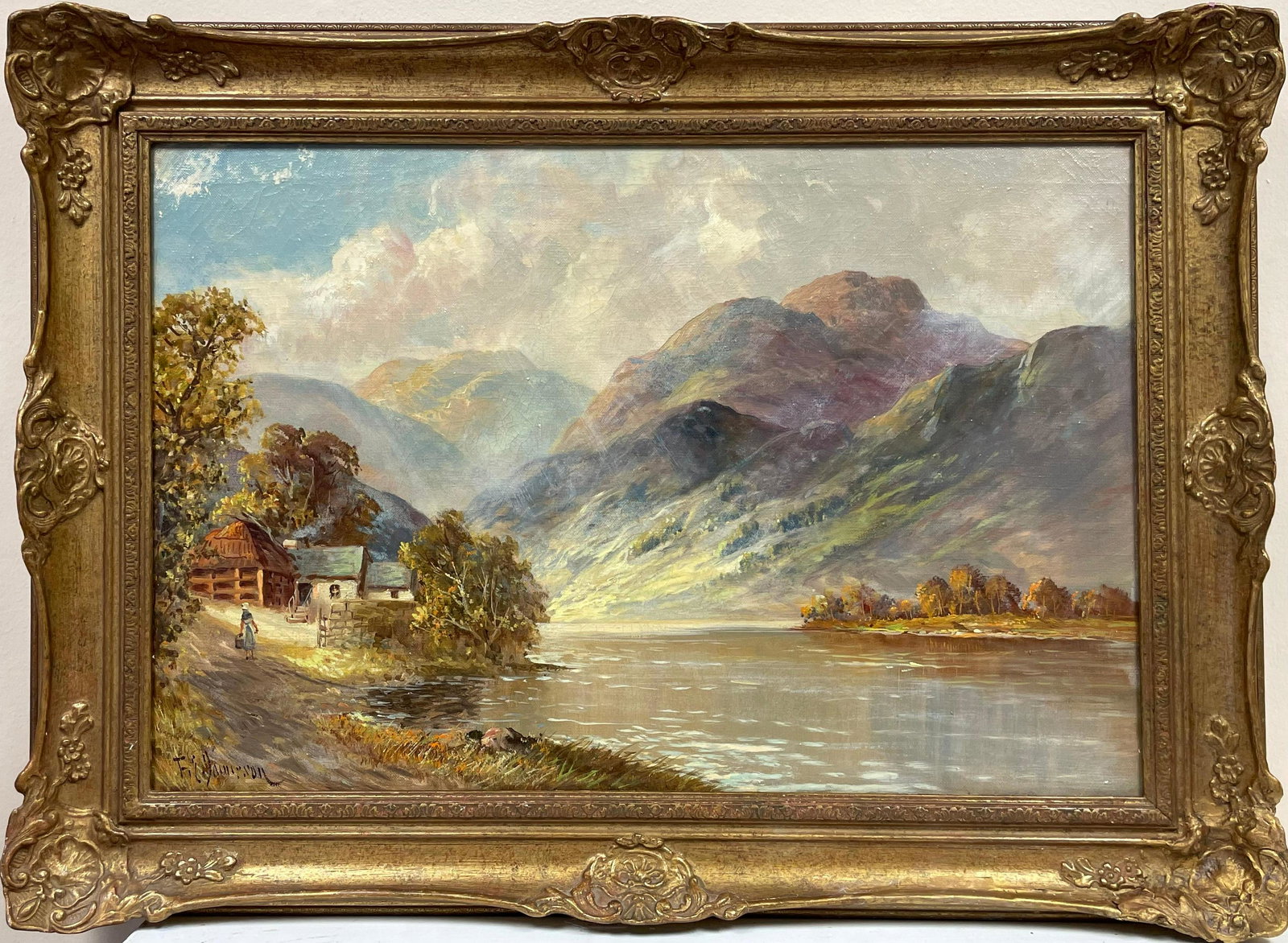 Francis E. Jamieson: Antique Scottish Highlands Oil Painting Figure Walking to Cottage beside Loch: Loch Shiel by F. E. Jamieson (British 1895-1950) signed, lower corner oil painting on canvas, framed canvas: 16 x 24 inches framed: 21.5 x 29 inches Fine quality antique oil painting by the much admir