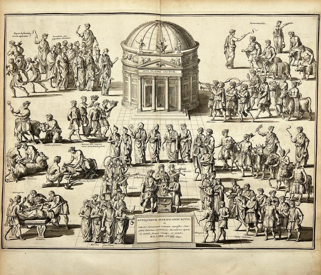 Antique Print - Mirror of Roman Magnificence - Holy Sacrifice - Etienne Duperac: Description: The etching depicts ancient ritual sacrifice; at right bulls, rams and boars being brought towards the altar positioned in front of the entrance of a circular temple, various animals bein