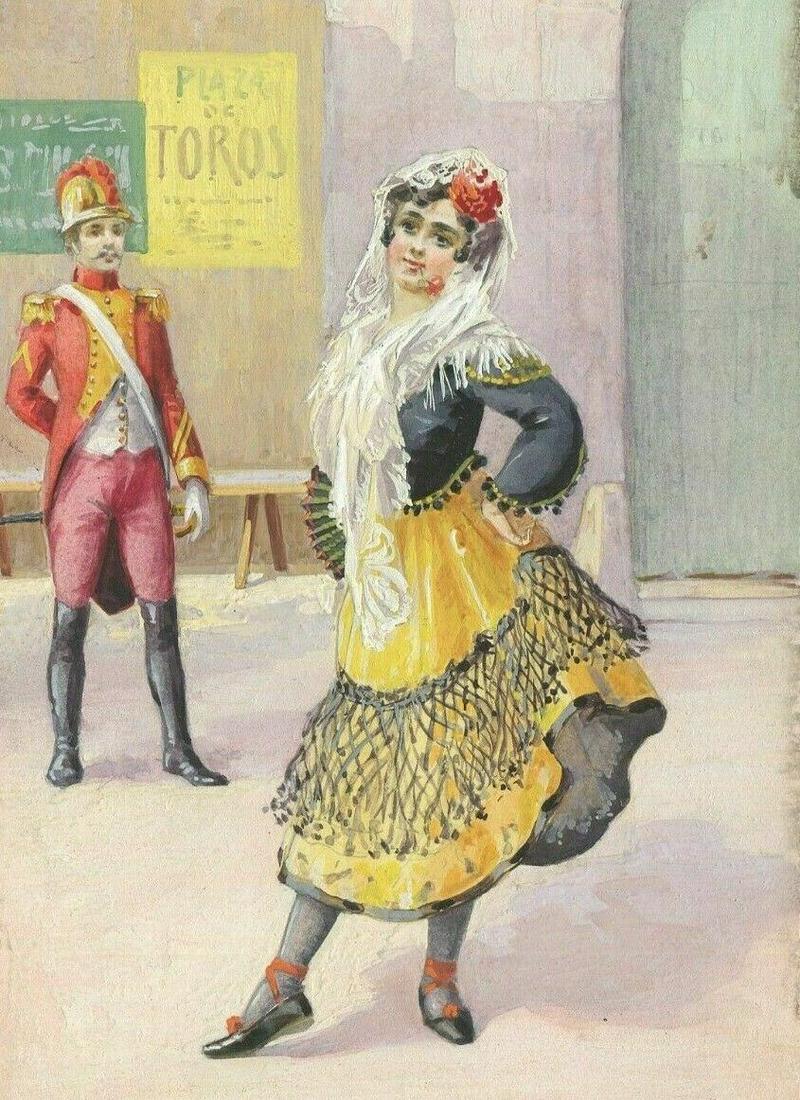 Antique Drawing Art Deco Gouache Illustration of the Carmen Figure (1 of 2)