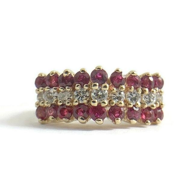 Vintage Red Ruby Diamond 3-Row Gemstone Statement Ring 14K Yellow Gold, 3.55 Gr (1 of 1)