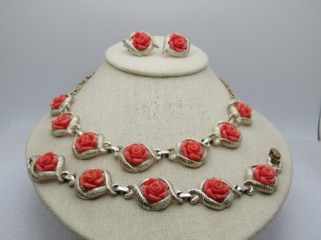 Vintage Coral Rose Necklace, Bracelet, Earrings Set, Sarah Coventry, 1960's (1 of 6)