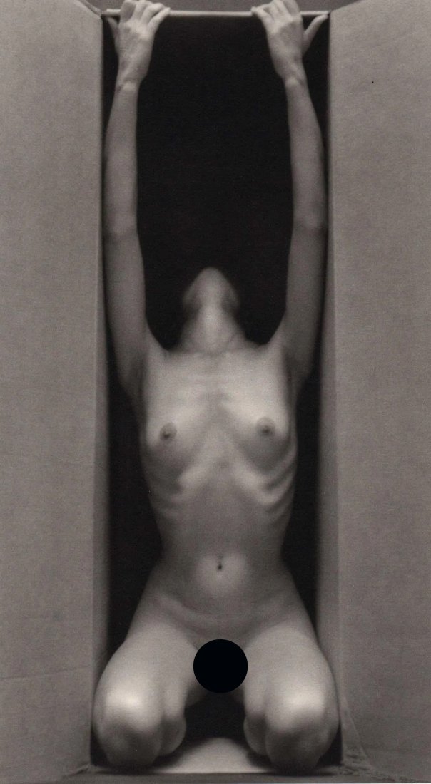 RUTH BERNHARD - In the Box, Vertical, 1962: Artist: RUTH BERNHARD Print Title: In the Box, Vertical, 1962 Medium: Authentic Vintage Duotone Photoengraving Printed in USA in 1980â€™s Image Size approx: 9 x 5” Ruth Bernhard (1905 â€