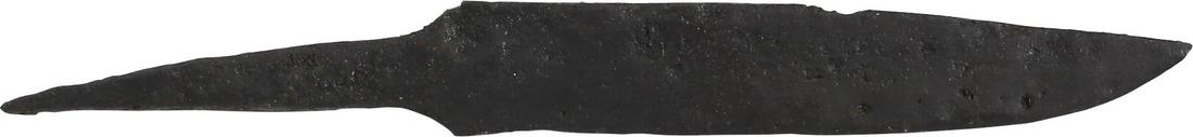 ANCIENT VIKING SIDE KNIFE OR POUCH KNIFE, 879-1067 AD: Cambridgeshire, England. Just under 3 1/4" total length with tapered "whittle tang" which identifies these, as they were used without guards, mounted in a wood or antler grip. Blade of a particularly 